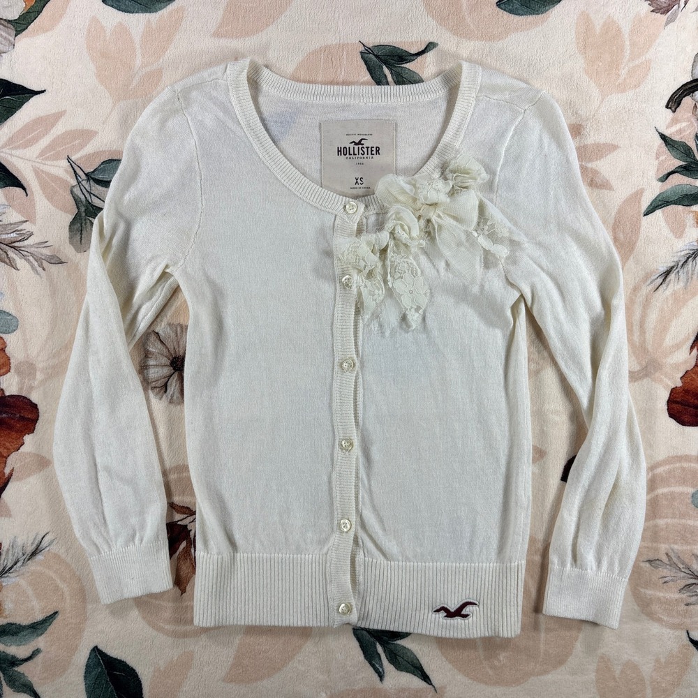 Vintage Y2K Hollister White Lace Flower Button Front Cardigan Sweater Womens XS